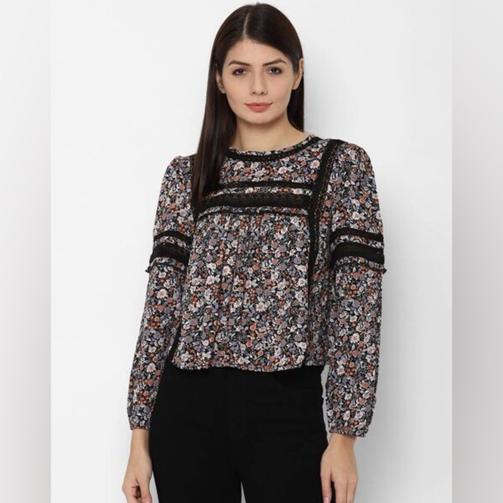 American Eagle Black Floral Lace Trim Long Sleeve Open Back Tie Blouse
